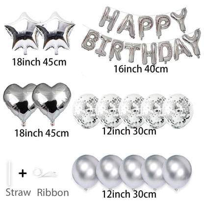 Happy Birthday Foil Balloon Banner Kit Confetti set | Pack of 27pcs, Silver