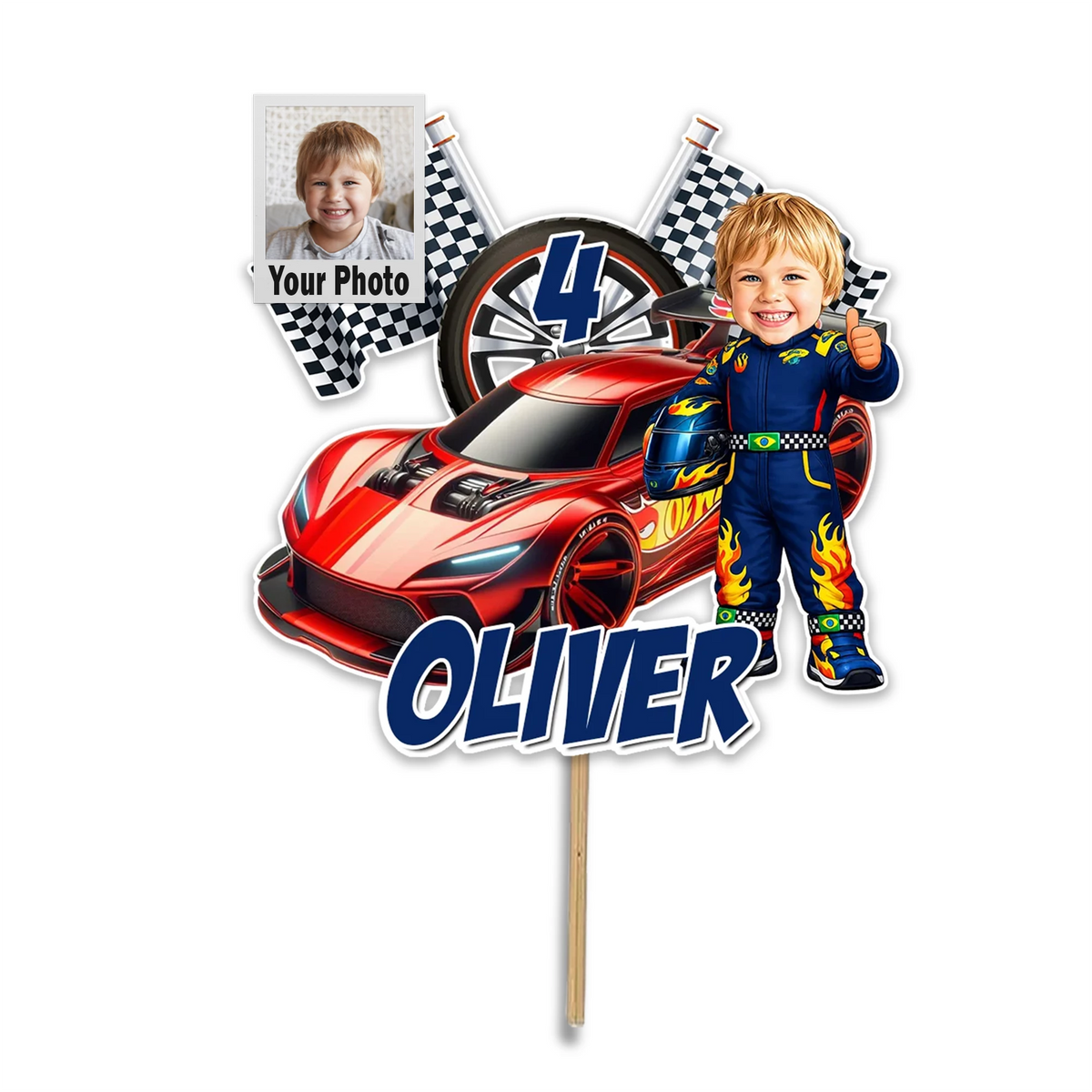 Custom Hot Wheels themed birthday cake topper featuring a racing car, a personalized caricature face of a child, and custom text for name and age.