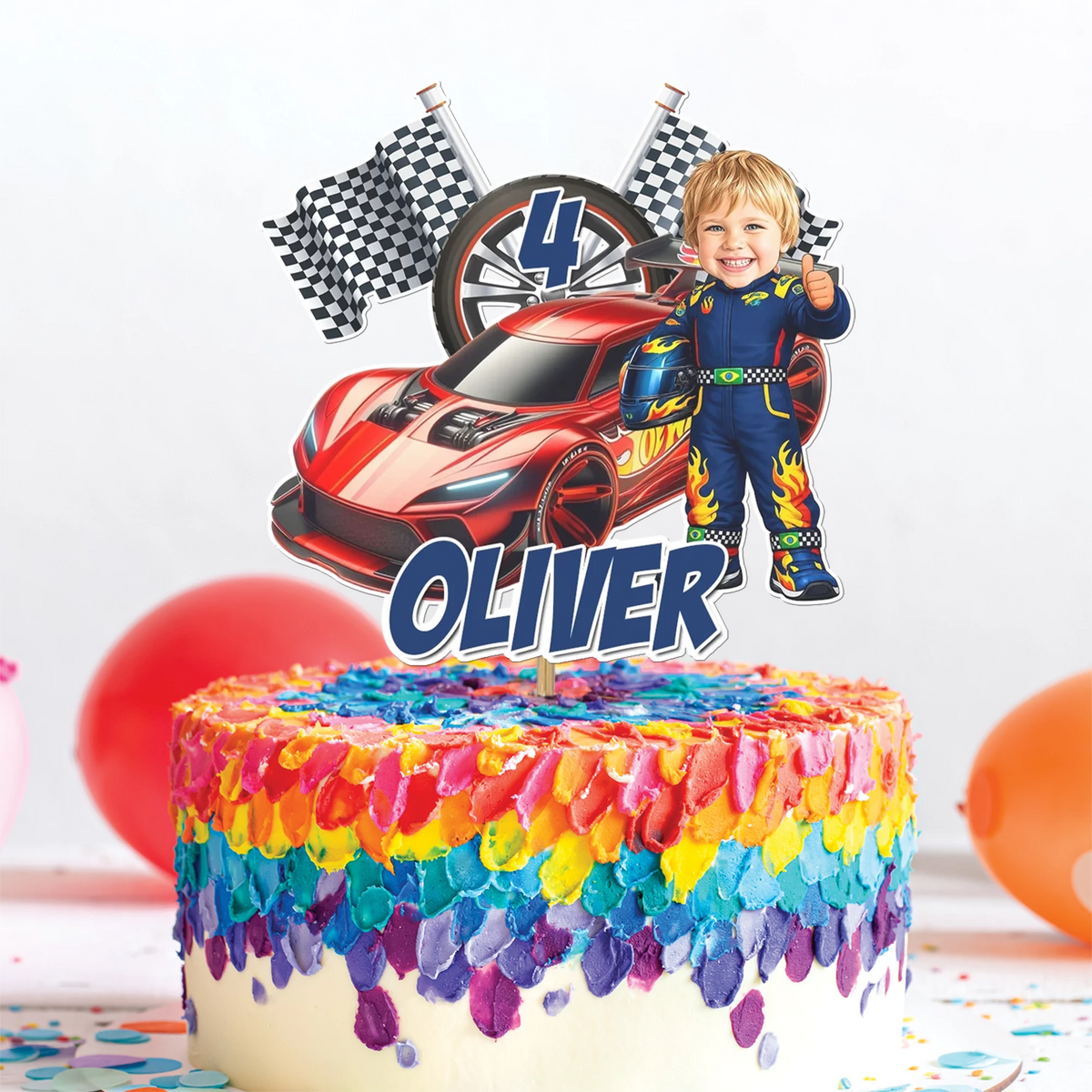 Custom Hot Wheels themed birthday cake topper featuring a racing car, a personalized caricature face of a child, and custom text for name and age.