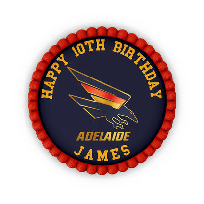Adelaide Crows edible icing cake image with circular design in red and navy on white icing sheet