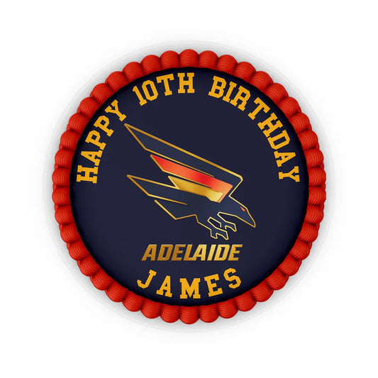 Adelaide Crows edible icing cake image with circular design in red and navy on white icing sheet