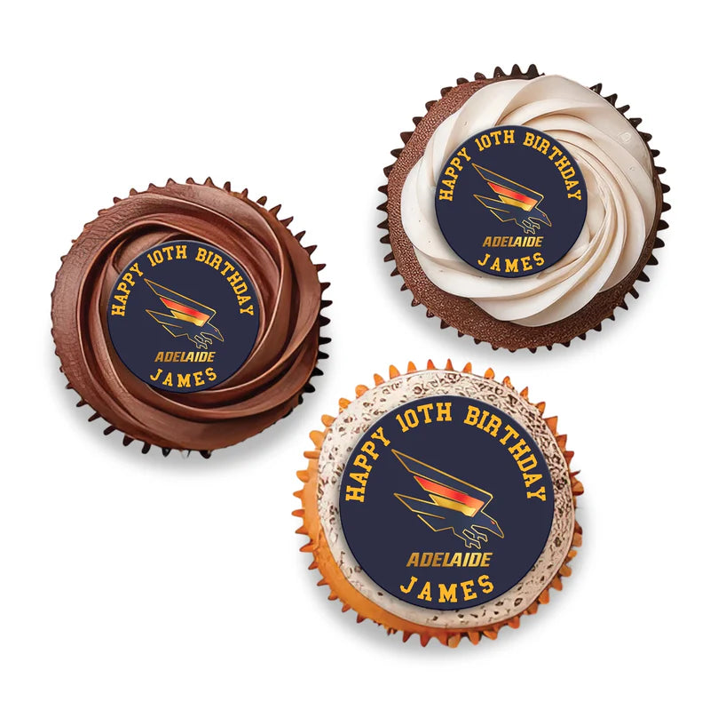 Adelaide Crows edible cupcake toppers with round Adelaide Crows logos placed on frosted cupcakes