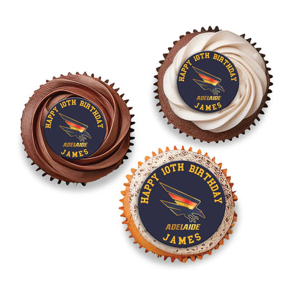 Adelaide Crows edible cupcake toppers with round Adelaide Crows logos placed on frosted cupcakes
