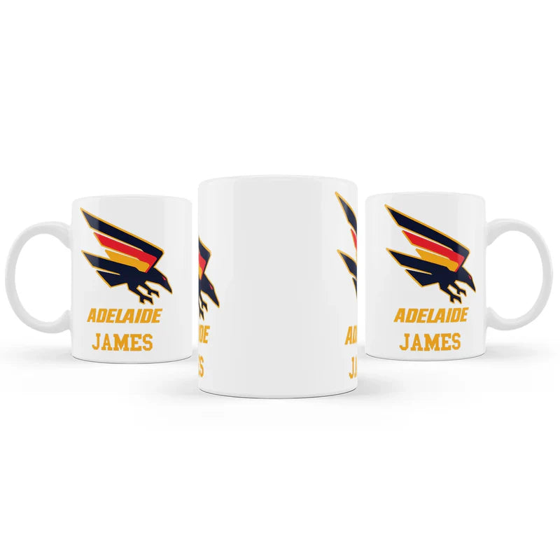 Adelaide Crows sublimation mug with red and navy logo on white ceramic surface