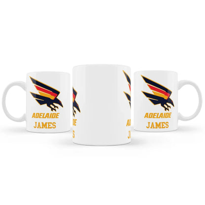 Adelaide Crows sublimation mug with red and navy logo on white ceramic surface