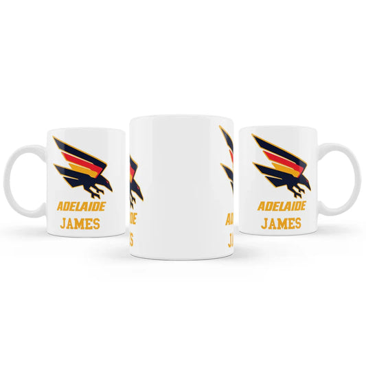 Adelaide Crows sublimation mug with red and navy logo on white ceramic surface