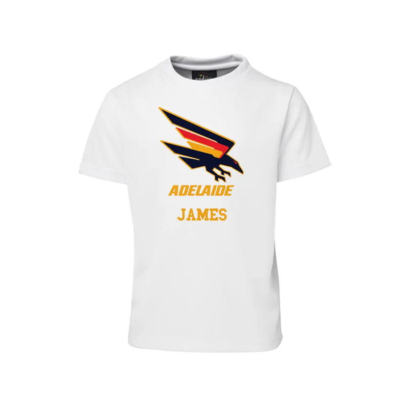 Adelaide Crows sublimation T-shirt with centered logo on white cotton fabric folded flat