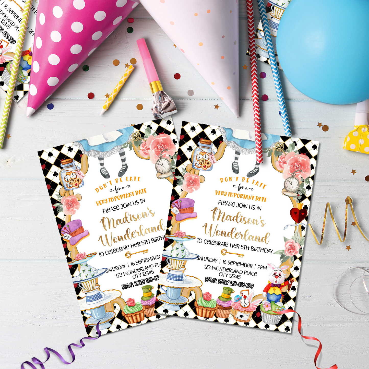 Alice in Wonderland Birthday Decorations, Tea Party Party Supplies, Mad Hatter Themed, Onederland Digital Template, Editable Alice in Wonderland Image SVG PNG