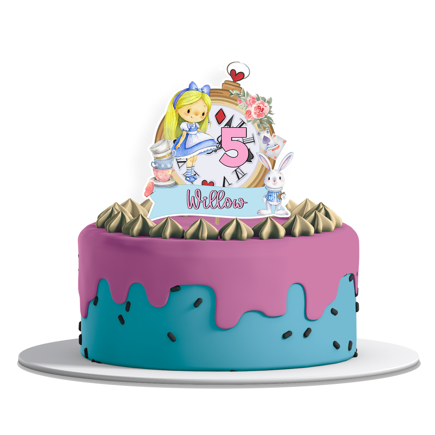 Personalized Cake Toppers featuring Alice in Wonderland theme