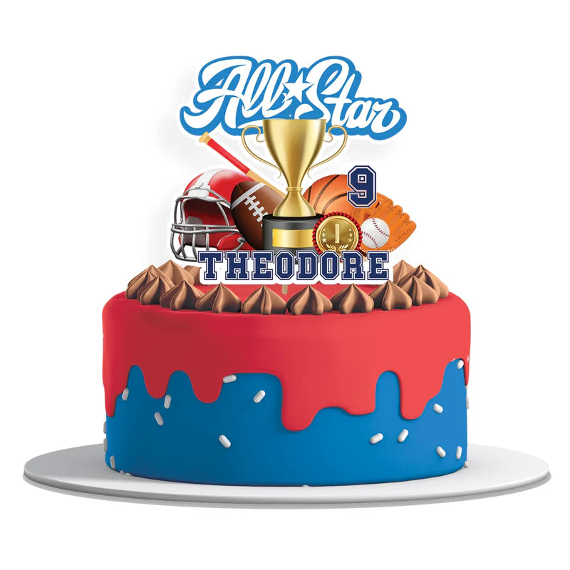 All Star Sports personalized cake toppers with custom name and age cutout in bright red and blue on a white background.