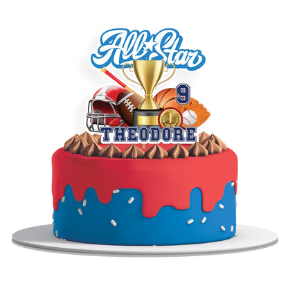 All Star Sports personalized cake toppers with custom name and age cutout in bright red and blue on a white background.