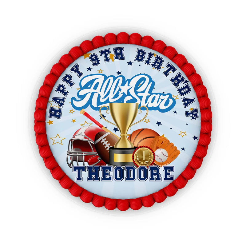 All Star Sports personalized edible icing cake images showcasing a round football, basketball, and baseball design layout.