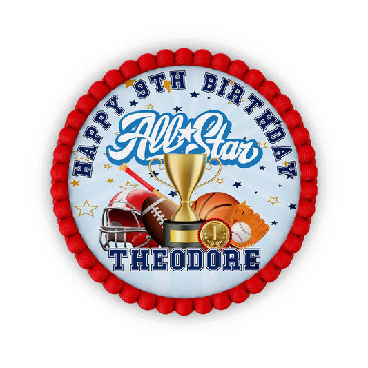 All Star Sports personalized edible icing cake images showcasing a round football, basketball, and baseball design layout.