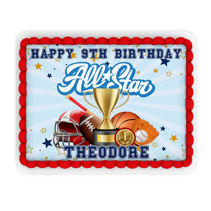 All Star Sports personalized edible sheet cake images displaying a rectangular field pattern with custom name text overlay.