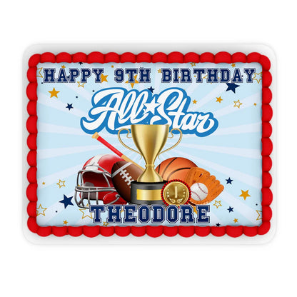 All Star Sports personalized edible sheet cake images displaying a rectangular field pattern with custom name text overlay.