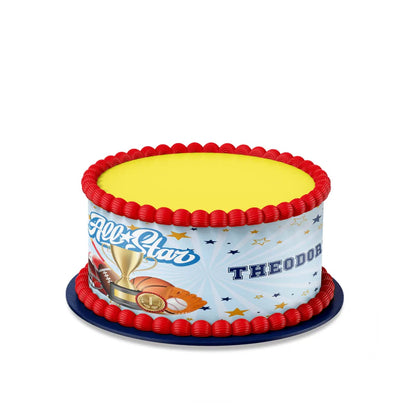 All Star Sports personalized cake strips image featuring red, white, and blue athletic ball patterns on a flat lay view.