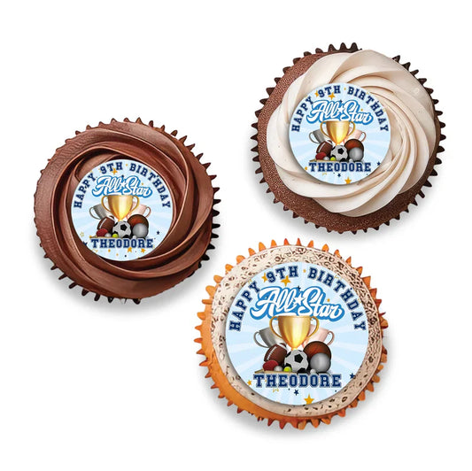 All Star Sports personalized cupcakes toppers featuring small round multi-sport graphics attached to wooden cocktail picks.