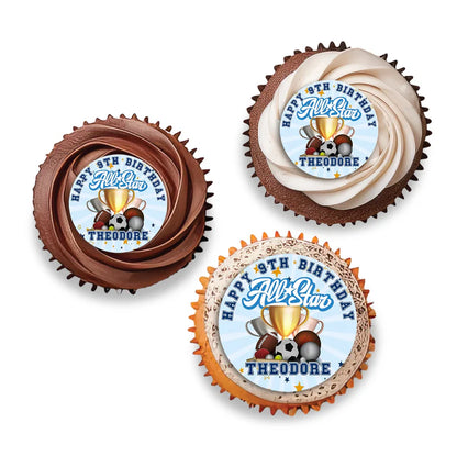 All Star Sports personalized cupcakes toppers featuring small round multi-sport graphics attached to wooden cocktail picks.