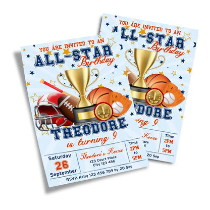 All Star Sports personalized birthday card invitations with red border, bold athletic font typography, and stars motif.