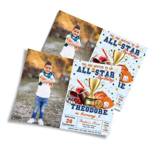All Star Sports personalized photo card invitations showing an athletic ticket template with custom child portrait slot.