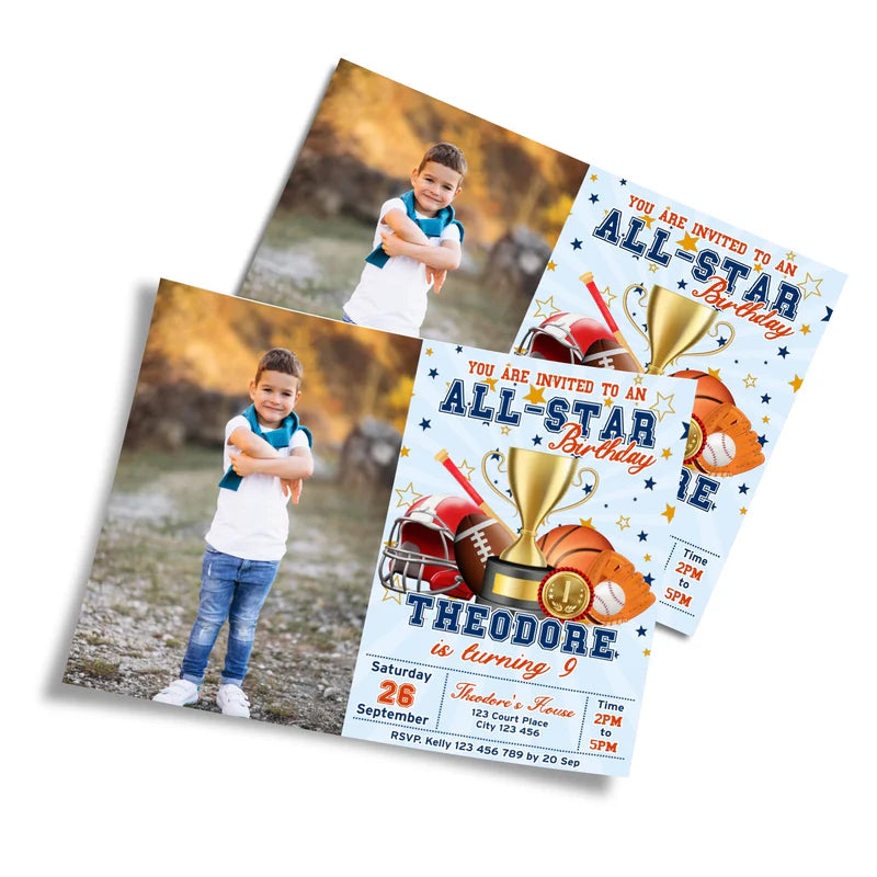All Star Sports personalized photo card invitations showing an athletic ticket template with custom child portrait slot.