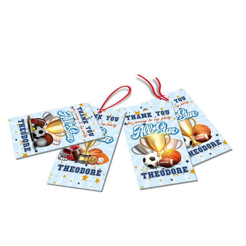 All Star Sports thank you tags featuring a bold star pattern and red text with a pre-punched top hole on white background.