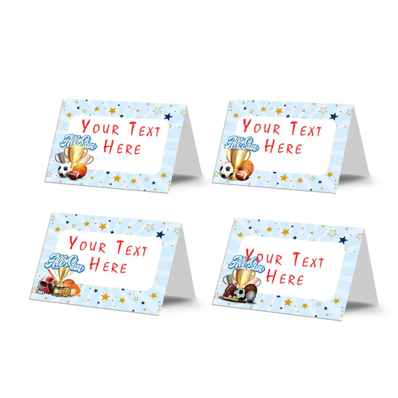 All Star Sports food cards showing  tented labels with basketball and soccer ball graphics on a green border.