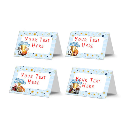 All Star Sports food cards showing  tented labels with basketball and soccer ball graphics on a green border.