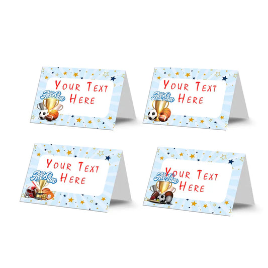 All Star Sports food cards showing  tented labels with basketball and soccer ball graphics on a green border.