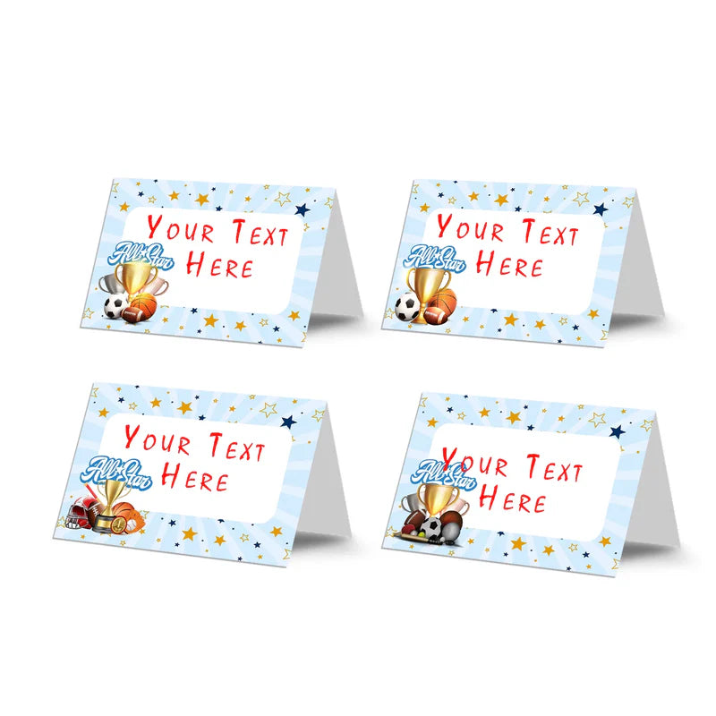 All Star Sports food cards showing  tented labels with basketball and soccer ball graphics on a green border.