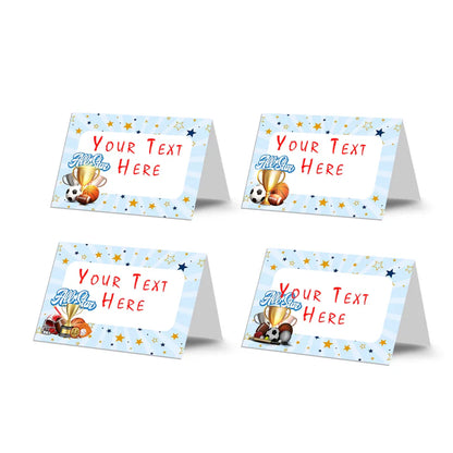 All Star Sports food cards showing  tented labels with basketball and soccer ball graphics on a green border.