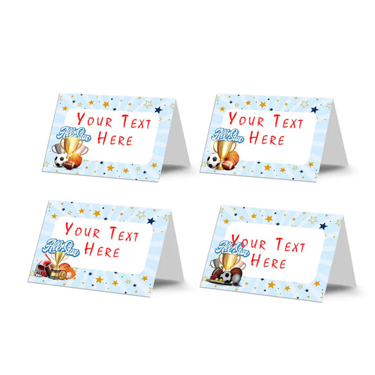 All Star Sports food cards showing  tented labels with basketball and soccer ball graphics on a green border.