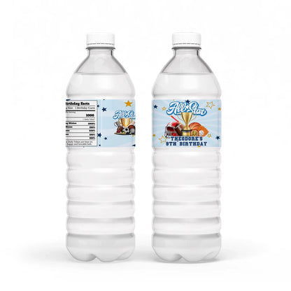 All Star Sports water bottle label wrap featuring blue stripes and waterproof texture on a plastic bottle flat lay mockup.