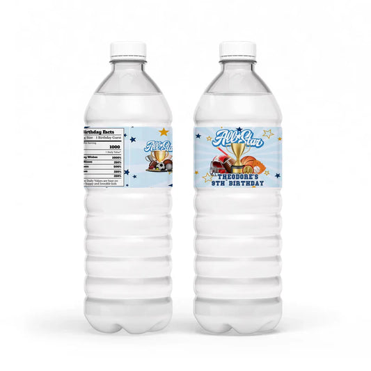 All Star Sports water bottle label wrap featuring blue stripes and waterproof texture on a plastic bottle flat lay mockup.