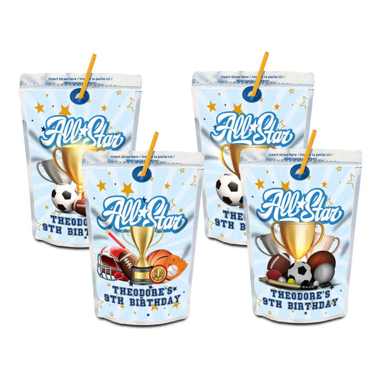 All Star Sports juice pouch label featuring a rectangle shape with custom name over a green grass field background pattern.