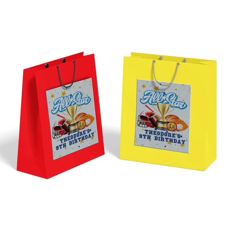 All Star Sports goodie bag label displayed as a paper fold-over header attached to a clear plastic candy bag mockup.