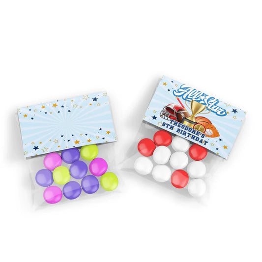 All Star Sports treat bag topper label folded over clear cellophane party favors filled with multi-colored candies.