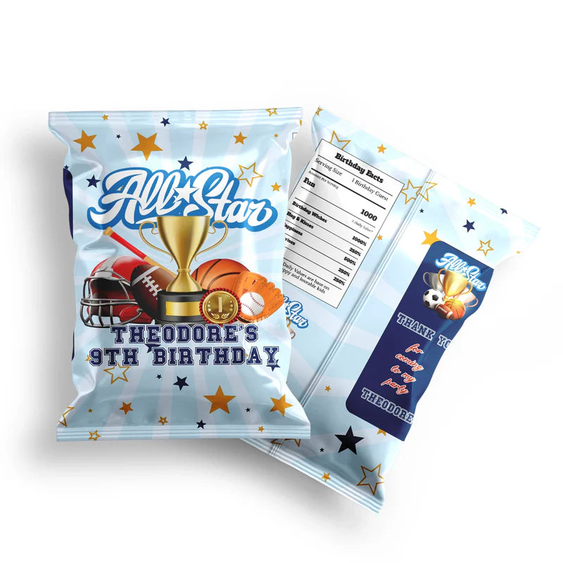 All Star Sports chips bag label featuring a glossy custom snack wrapper with blue stars and red sport border accents.