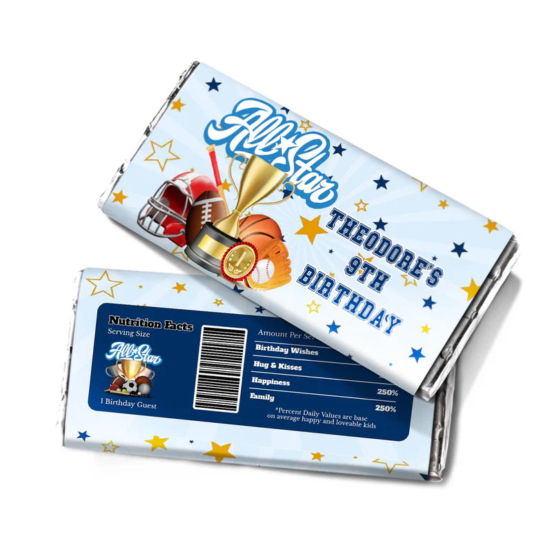 All Star Sports chocolate label wrapped around a standard candy bar showing nutrition facts graphic and custom text.