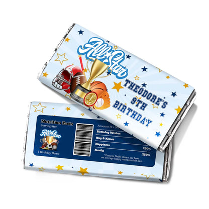 All Star Sports chocolate label wrapped around a standard candy bar showing nutrition facts graphic and custom text.