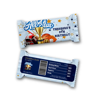 All Star Sports Rice Krispies treats label and candy bar label displaying matching red, white, and blue wrappers flat lay.