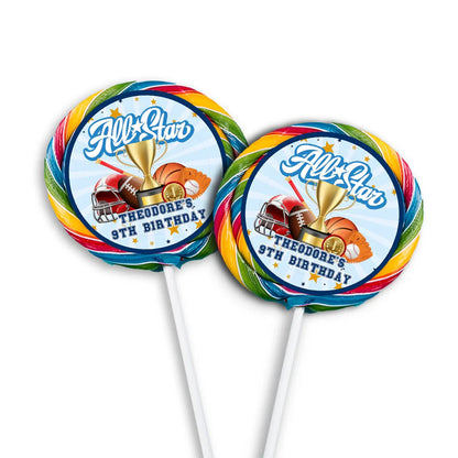 All Star Sports lollipop label featuring a round glossy sticker with a basketball graphic centered on a round sucker.