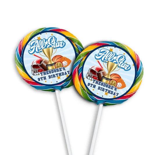 All Star Sports lollipop label featuring a round glossy sticker with a basketball graphic centered on a round sucker.