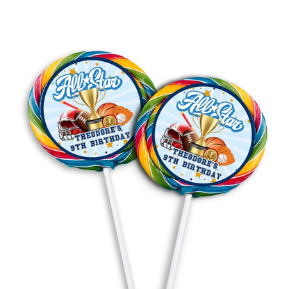 All Star Sports lollipop label featuring a round glossy sticker with a basketball graphic centered on a round sucker.