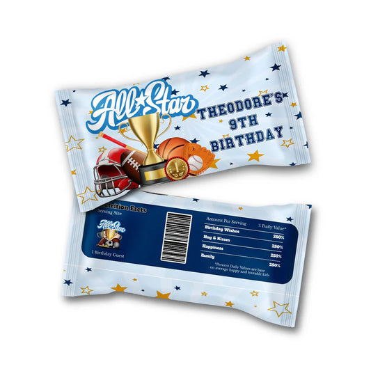 All Star Sports Skittles label showcasing a custom candy wrapper overlay with vibrant red lettering and a stars pattern.
