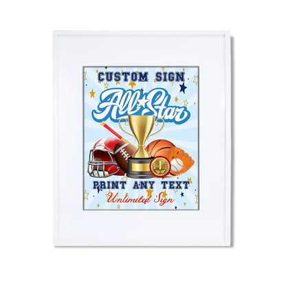 All Star Sports custom sign displaying a rectangular board with bold athletic typography on a wooden table easel mockup.