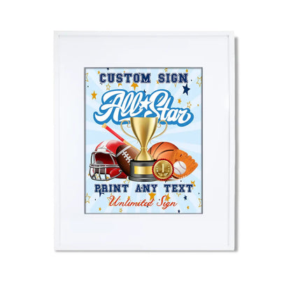 All Star Sports custom sign displaying a rectangular board with bold athletic typography on a wooden table easel mockup.