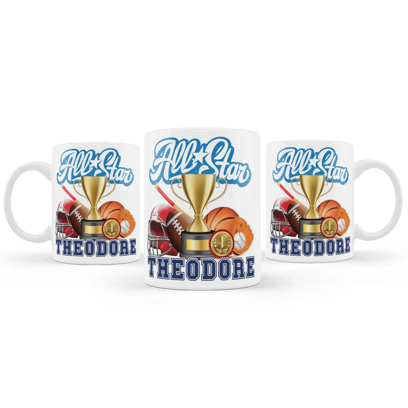 All Star Sports sublimation mug featuring a glossy white ceramic finish with printed basketball and baseball graphics.