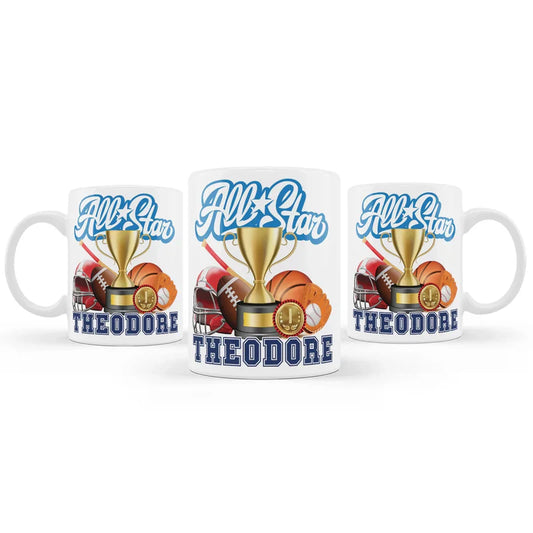 All Star Sports sublimation mug featuring a glossy white ceramic finish with printed basketball and baseball graphics.