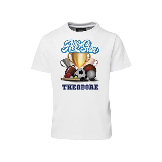 All Star Sports sublimation t-shirt displaying a white cotton graphic tee with a custom sports jersey print layout.
